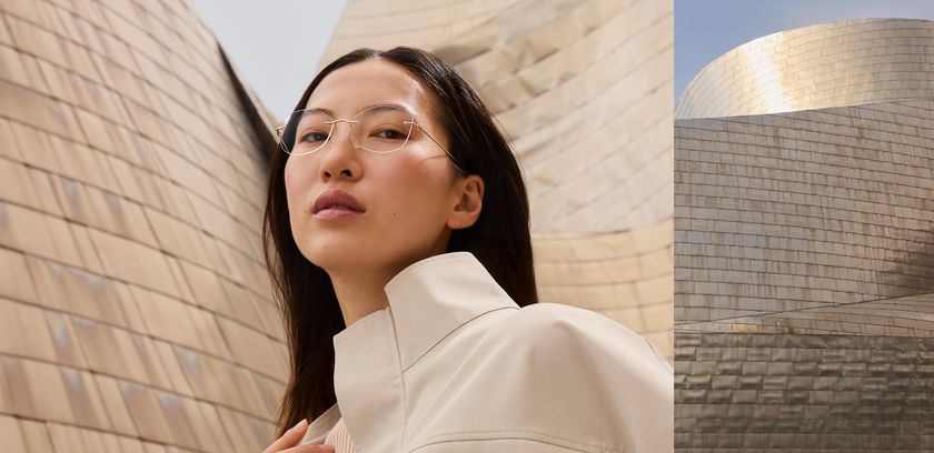 Frau vor dem Guggenheim-Museum Bilbao, die die Kollektion „The Refined“ trägt