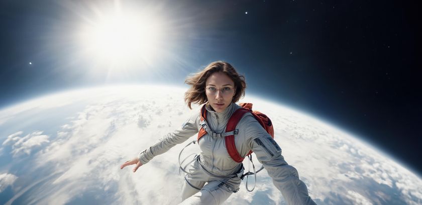 Femme astronaute flottant dans l'espace avec des Titan Minimal Art