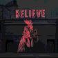 sign flashing saying believe with chicken underneath