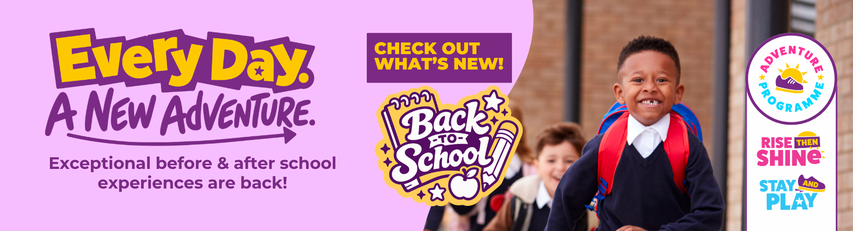 Smiling boy with a backpack stands in front of "Every Day. A New Adventure" back-to-school promotion, highlighting before and after school programs.