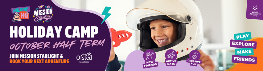 Child in helmet smiling and holding a red toy rocket, promoting a holiday camp with activities like making new friends, active days, and creative fun.