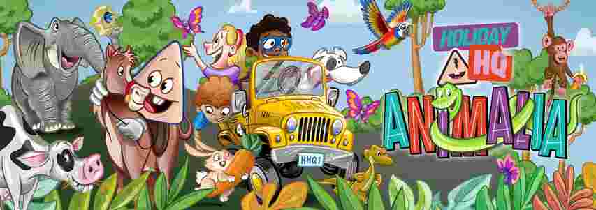 Cartoon safari scene with animals and kids in a jeep, surrounded by jungle elements, butterflies, and the words "Holiday HQ Animalia."