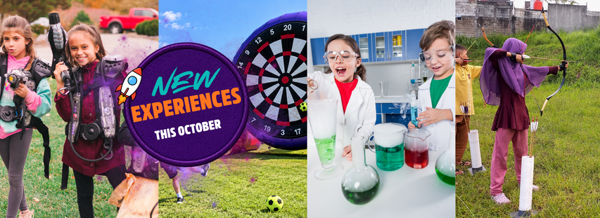 Children engaging in various activities: laser tag, giant darts, science experiments, and archery, with a sign saying "New Experiences This October."