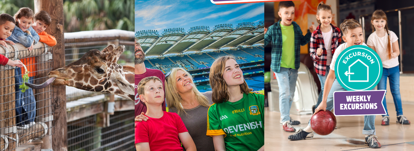 Children feeding a giraffe, a family in a stadium, and kids bowling, with a badge reading "Weekly Excursions."