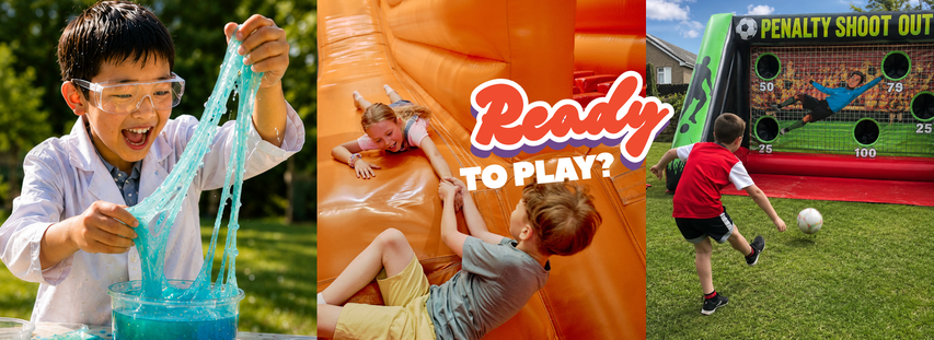 Three scenes: child playing with blue slime, two kids on an inflatable slide, and a boy scoring in a penalty shoot-out game. Text: "Ready to Play?"