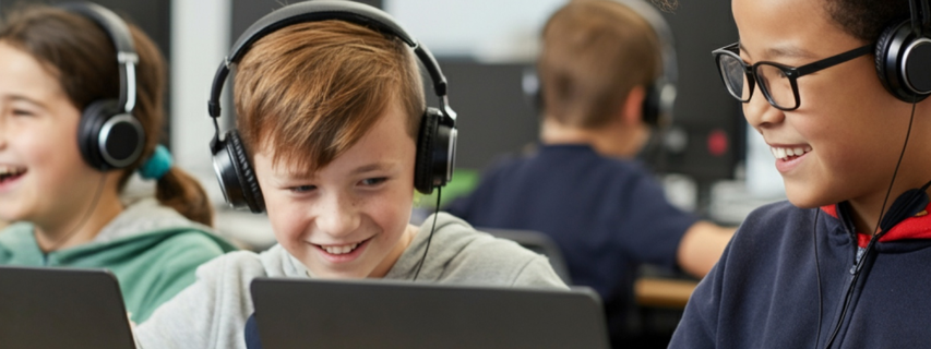 Three children wearing headphones are smiling and looking at laptops in a classroom setting.