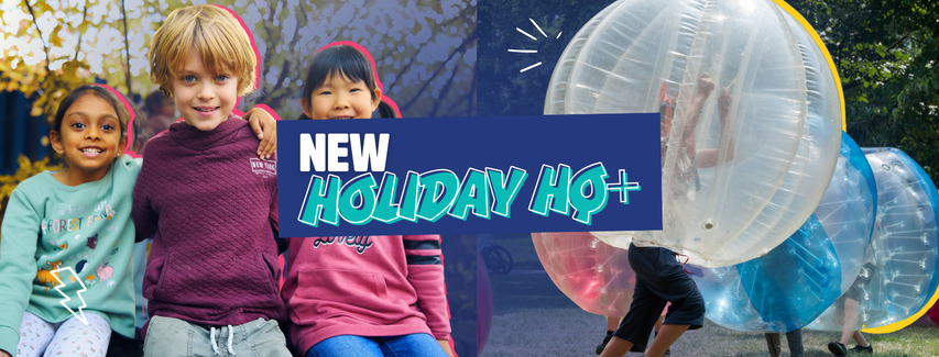 Three children smiling in colorful clothes, alongside a person inside a large inflatable bubble with the text "New Holiday HQ+" overlayed.