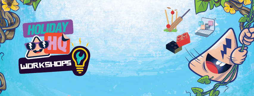 HHQ Mascot, Heratio, peeking with "Holiday HQ Workshops" text, lightbulb icon, and illustrations of cricket bat, laptop, and LEGO blocks on a blue background.