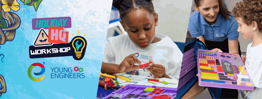 Children engaging in a Young Engineers workshop, building with colorful blocks, guided by an instructor. Holiday HQ Workshop logo visible.