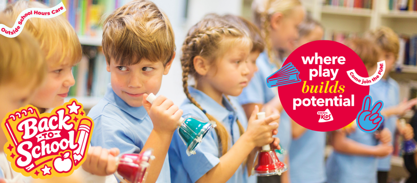 Children in blue uniforms playing handbells, with "Back to School" and "where play builds potential" graphics overlayed.