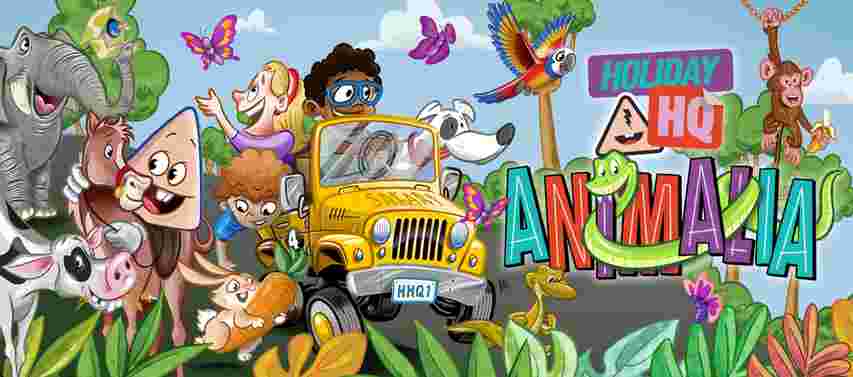 Cartoon scene with animals and people on a yellow safari jeep, surrounded by trees, butterflies, and a colorful "Animalia" sign.