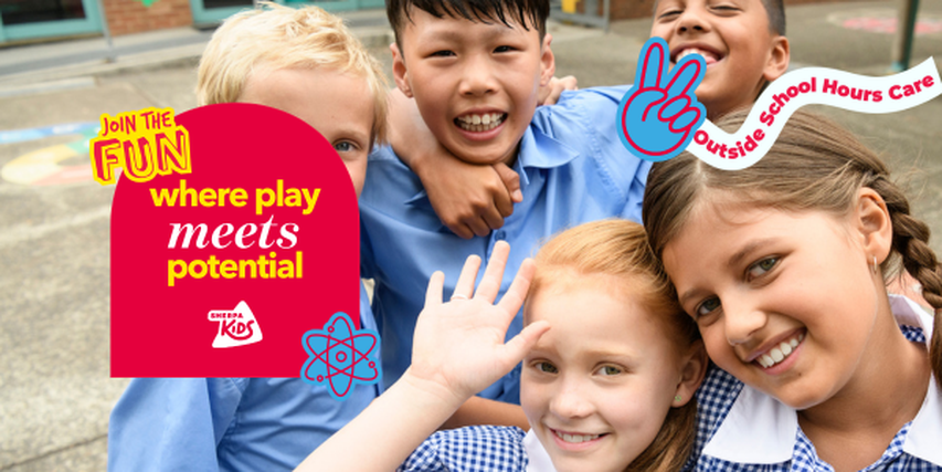 Group of smiling children in school uniforms posing outside, with colorful text promoting outside school hours care.