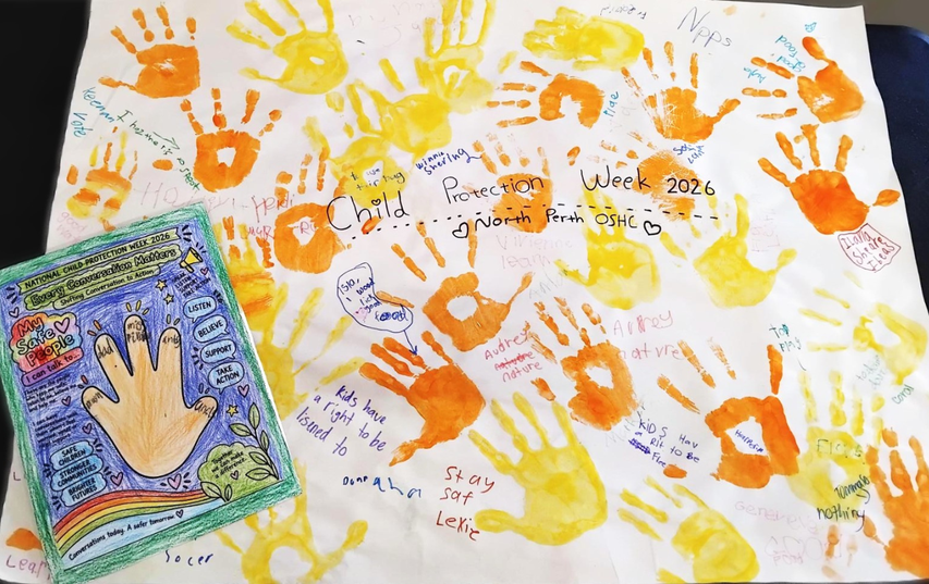 Colorful handprints and children's messages on paper for Child Protection Week 2026. A card with child safety themes is displayed on top.
