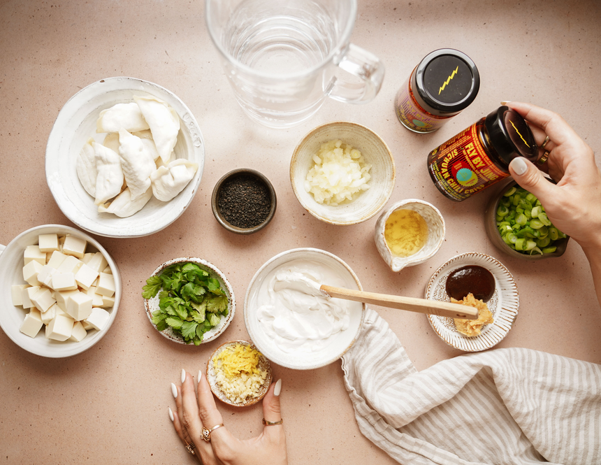 Laydown of ingredients for Easy Creamy Potsticker Soup