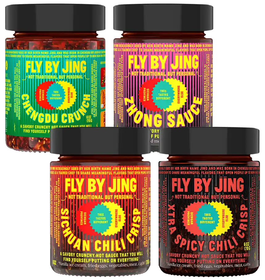 Four jars of Fly By Jing sauces