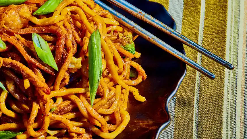 Image of bowl of noodles with Mala Spice Mix on top