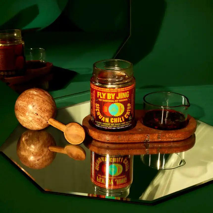 Salsero Serve Set with Sichuan Chili Crisp displayed on a mirror