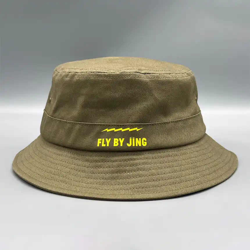 Khaki Fly Bucket Hat back with Fly By Jing logo