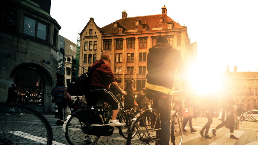 Cykeltrafik i Amsterdam før lyskryds med sol