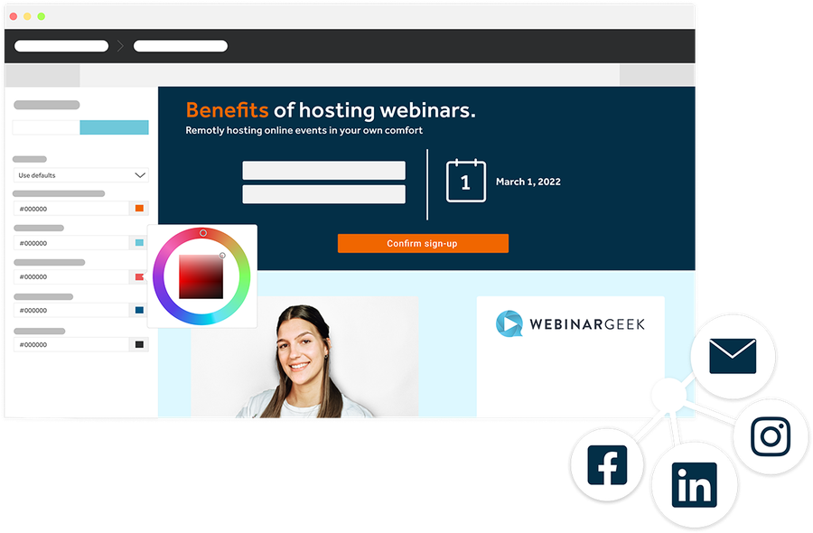 Visual of registration page editor in WebinarGeek