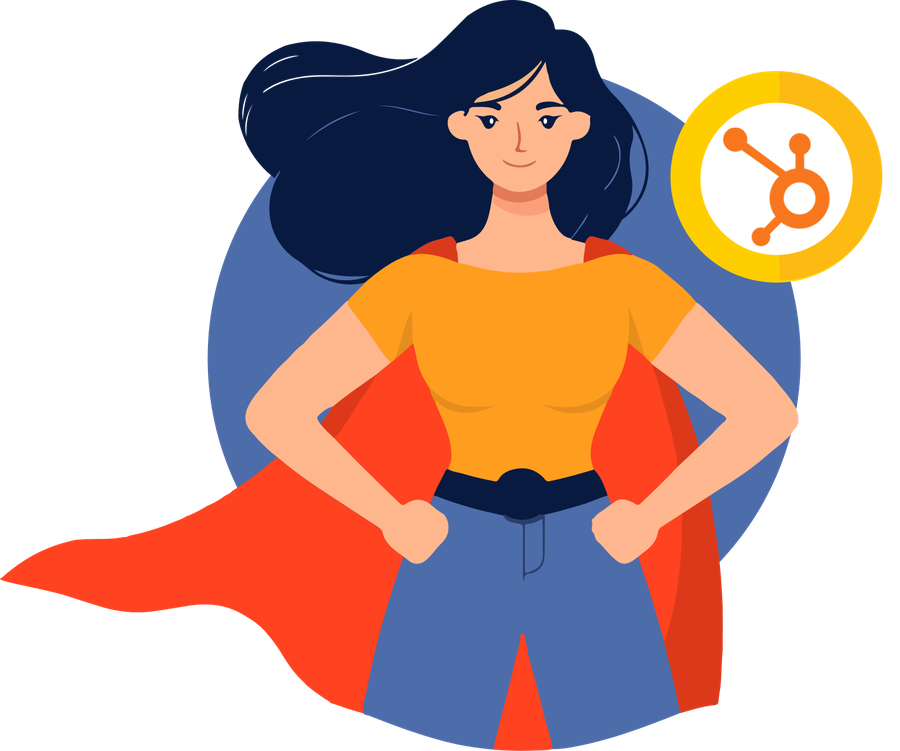 Illustration of a confident woman with long hair, wearing a red cape and orange top, standing with hands on hips. A logo is in the top right corner.