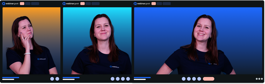 A woman poses in three frames with a gradient background, expressing thinking, smiling, and cheerful attitudes, wearing a black shirt with a logo.