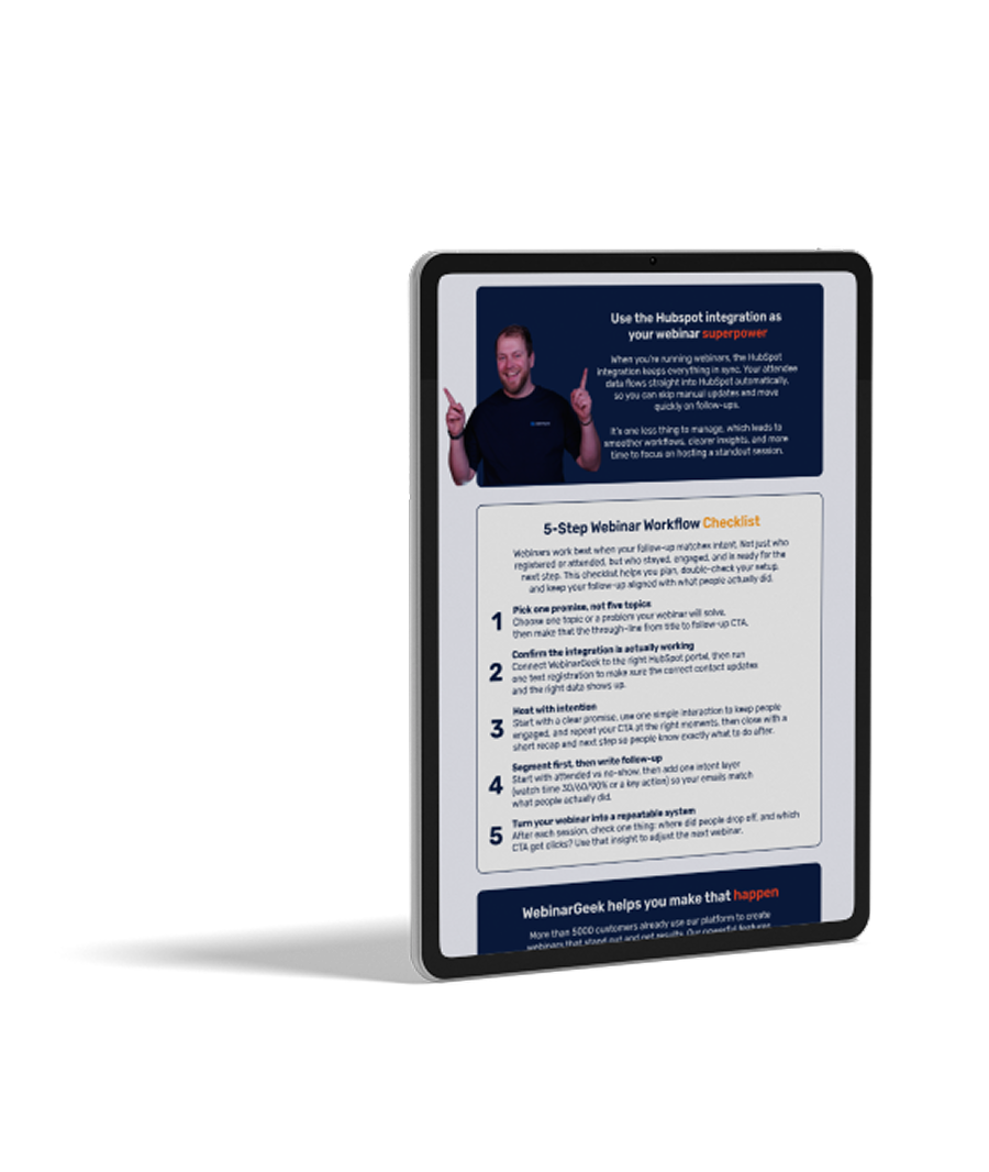 Tablet displaying a 5-step webinar workflow checklist with a smiling person giving a thumbs up, featuring Hubspot integration details.