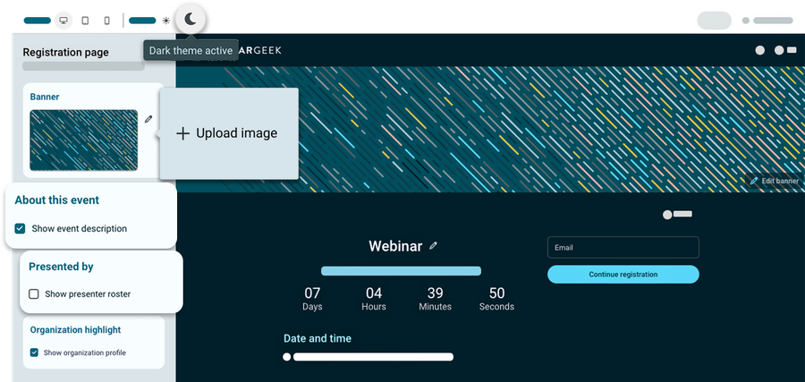 Mock up of registration page editor