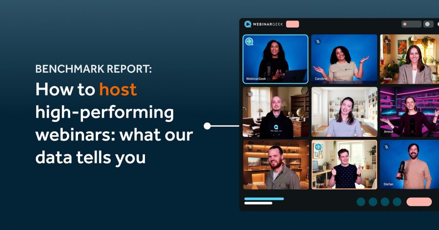 A webinar screen with nine smiling participants. Text reads: "Benchmark Report: How to host high-performing webinars: what our data tells you."