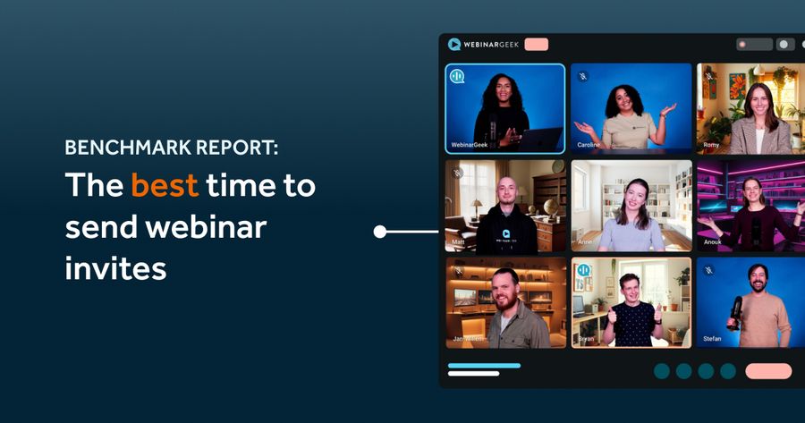 Webinar with nine participants in a video call interface. Text reads: "Benchmark Report: The best time to send webinar invites."