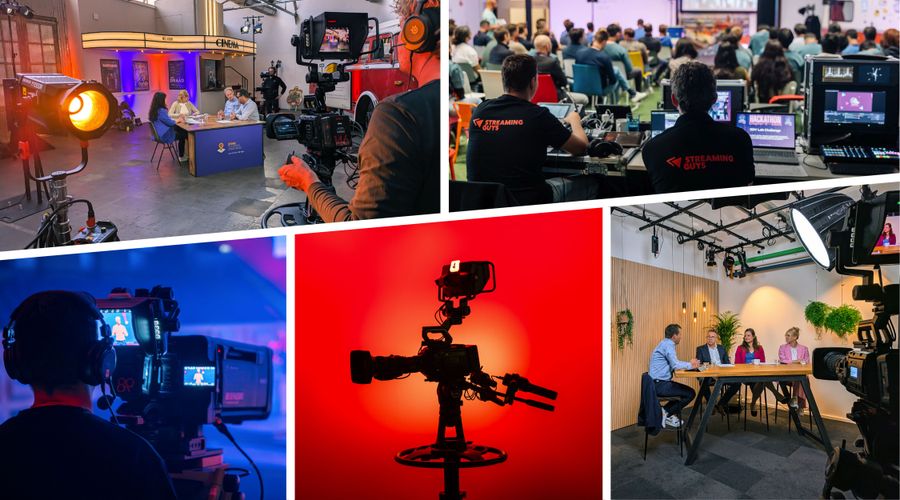 Collage of production scenes: studio setups, camera crews filming, a live audience, and a camera silhouette against a red background.
