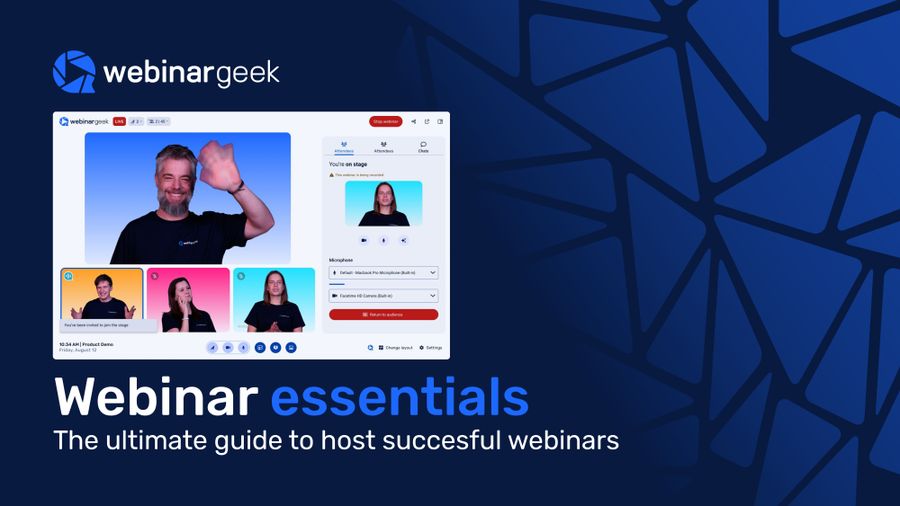 Webinar interface displaying a host waving, with three smaller participant screens. Text: "Webinar essentials - The ultimate guide to host successful webinars."