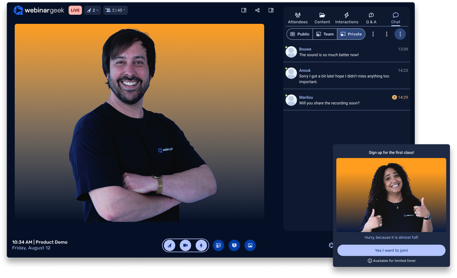 A smiling man in a webinar interface with a small pop-up image of a woman giving thumbs up, inviting to sign up for a class.