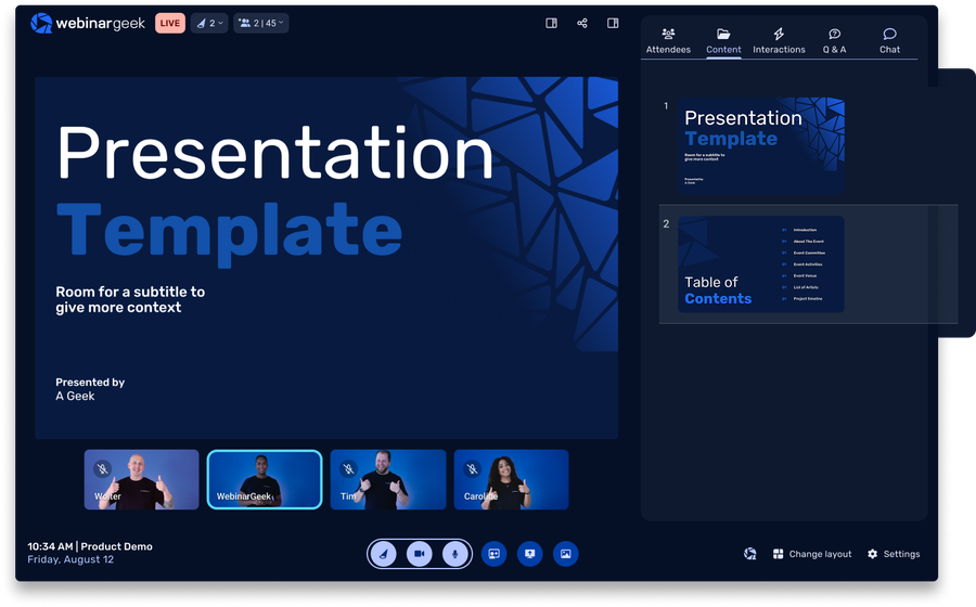 Presentation template screen with blue geometric design, subtitles, and five speaker thumbnails at the bottom, including a product demo timestamp.