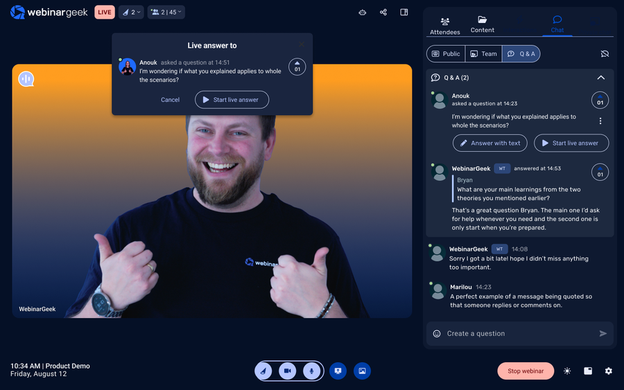Man giving thumbs up during a live webinar, with chat and controls visible on the screen, titled "WebinarGeek."