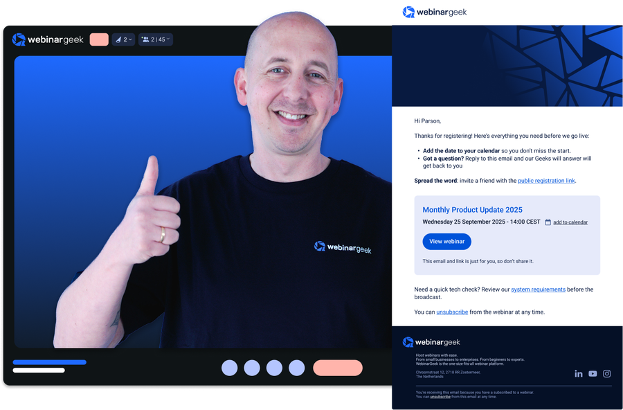 Man giving thumbs up next to a WebinarGeek registration confirmation page detailing a monthly product update webinar with options to set reminders.