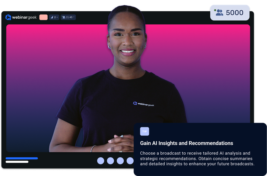 A woman in a WebinarGeek interface, with 5000 viewers, presents AI insights and recommendations.