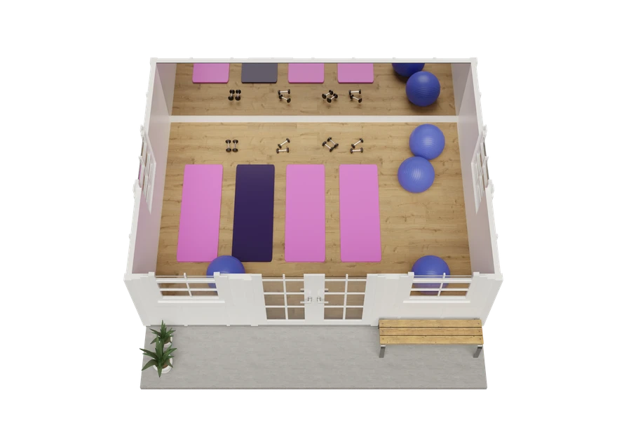 Backyard yoga studio with yoga mats, weights and exercise balls