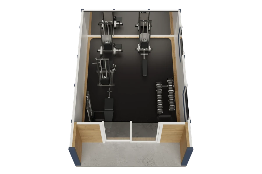 Backyard gym pod layout with weights and dumbbells 