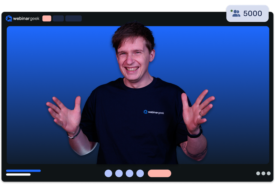 Smiling person in a dark shirt gesturing enthusiastically during an online webinar, with a blue gradient background and participant counter at 5000.