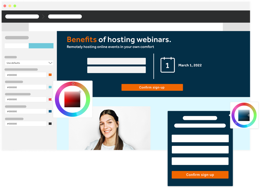 Multiple screens and a video player with a smiling woman