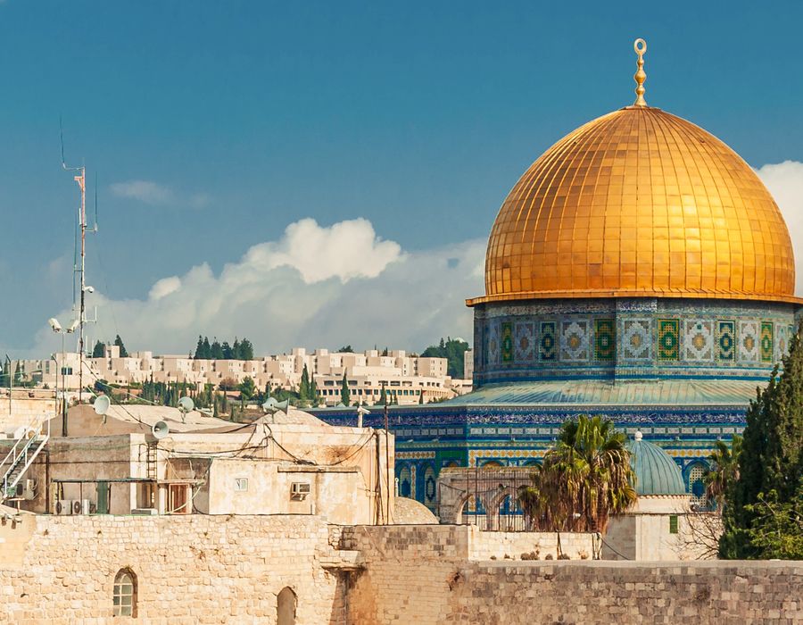 gold domed and blue tiled temple mount in jerusalem old city in israel