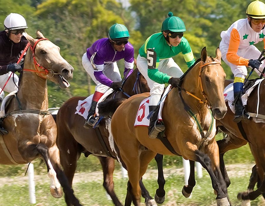 men in colorful uniforms racing on horses