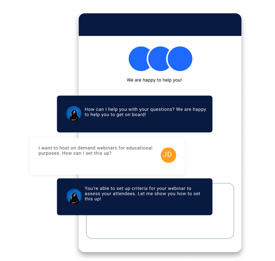 A chatbot interface with text bubbles discussing hosting on-demand webinars for educational purposes, including setting criteria for attendees.