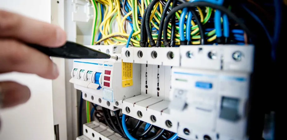 un technicien étudie le tableau électrique pour un diagnostic immobilier