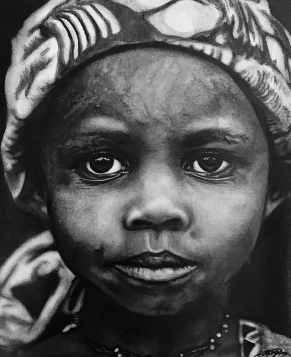 black and white drawing of a little girl, drawn by James Perry
