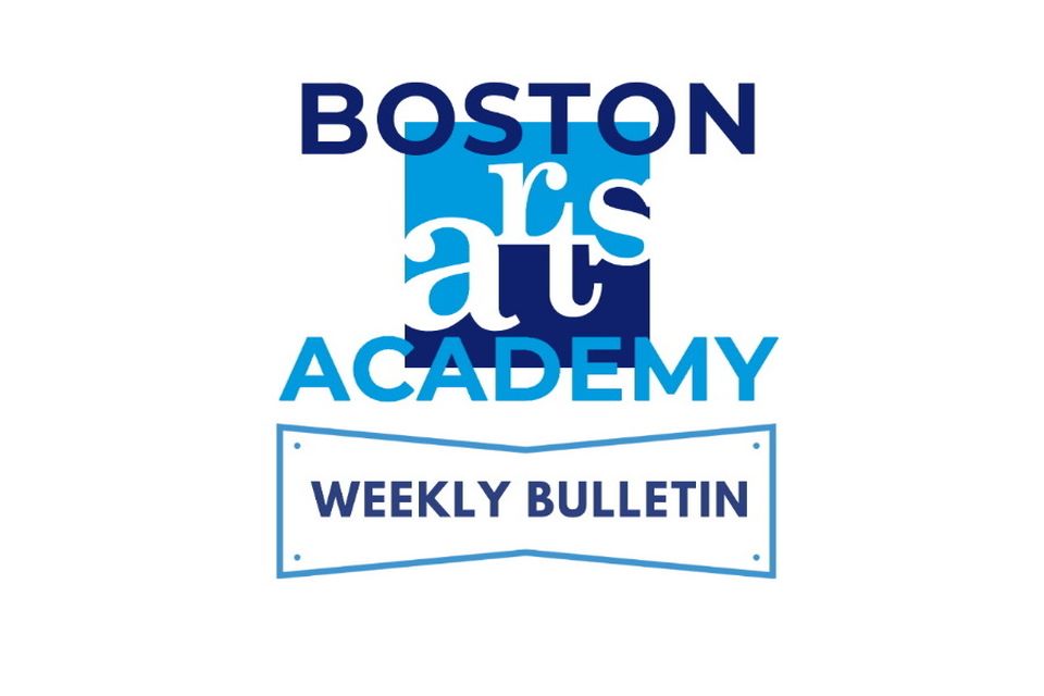 The Boston Arts Academy logo with "Weekly Bulletin" underneath in all blue on a white background.