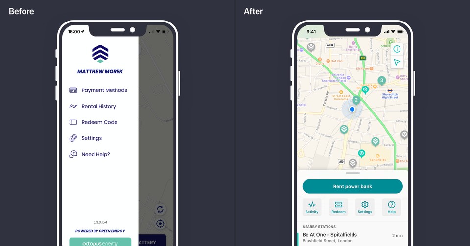 ChargedUp iOS navigation before and after redesign.