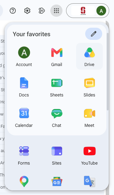 The Google apps launcher open from the grid icon, showing tiles for Account, Gmail, Drive, Docs, Calendar, and other Google apps