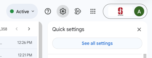 Gmail's gear icon in the upper right, open to the Quick settings panel with the See all settings button